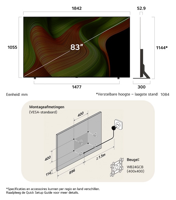 Afmetingsweergave van LG OLED AI B5 4K 83-inch, 1842×1144×300 mm, panel 52.9 mm, VESA 400x400, lowest position 1084 mm.