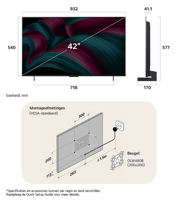 Afmetingsweergave van LG OLED evo AI C5 4K 42-inch, 932×577×170 mm, panel 41.1 mm, VESA 300x200.