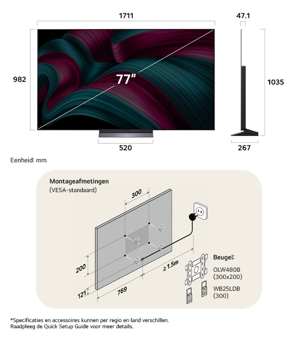 Afmetingsweergave van LG OLED AI B4 4K 77-inch, 1719×1057×319 mm, panel 50.9 mm, VESA 300x200.
