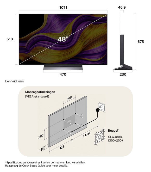 Afmetingsweergave van LG OLED evo AI G5 4K 48-inch, 1071×675×230 mm, panel 46.9 mm, VESA 300x200.