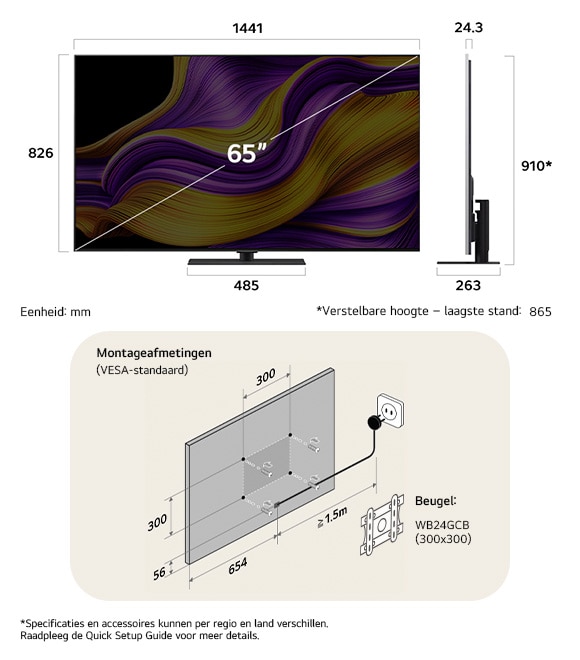Afmetingsweergave van LG OLED evo AI G5 4K 65-inch, 1441×910×263 mm, panel 24.3 mm, VESA 300x300, lowest position 865 mm.