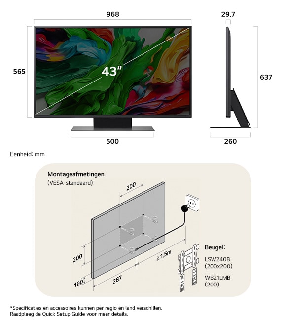 Afmetingsweergave van LG QNED MiniLED AI QNED86 4K 43-inch, 968×637×260 mm, panel 29.7 mm, VESA 200x200.