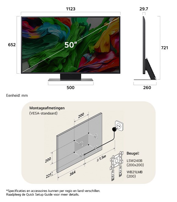 Afmetingsweergave van LG QNED MiniLED AI QNED86 4K 50-inch, 1123×721×260 mm, panel 29.7 mm, VESA 200x200.
