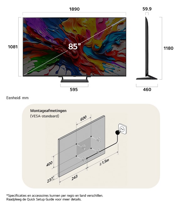 Afmetingsweergave van LG QNED MiniLED AI QNED93 4K 85-inch, 1890×1180×460 mm, panel 59.9 mm, VESA 600x400.