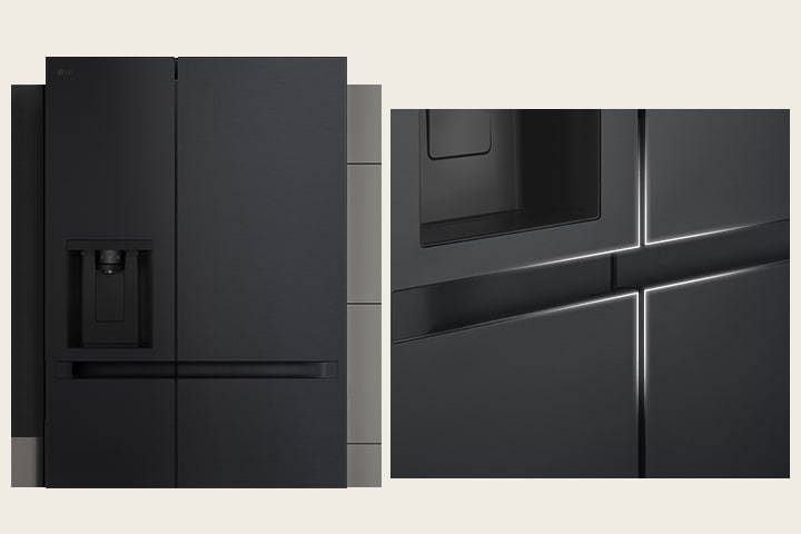 De koelkast met zwart luxe interieur is geïnstalleerd om het totale productontwerp in de keuken tot uitdrukking te brengen.