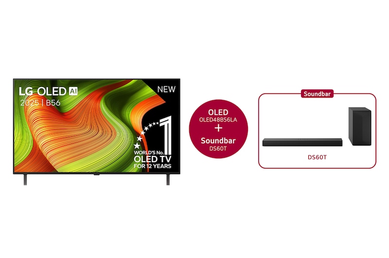 Vooraanzicht van 48 inch LG OLED AI B5 4K Smart TV & DS60T 3.1-kanaal  OLED48B56LA.DS60T