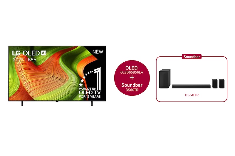 Vooraanzicht van 65 inch LG OLED AI B5 4K Smart TV 2025 & DS60TR 5.1-kanaals OLED65B56LA.DS60TR