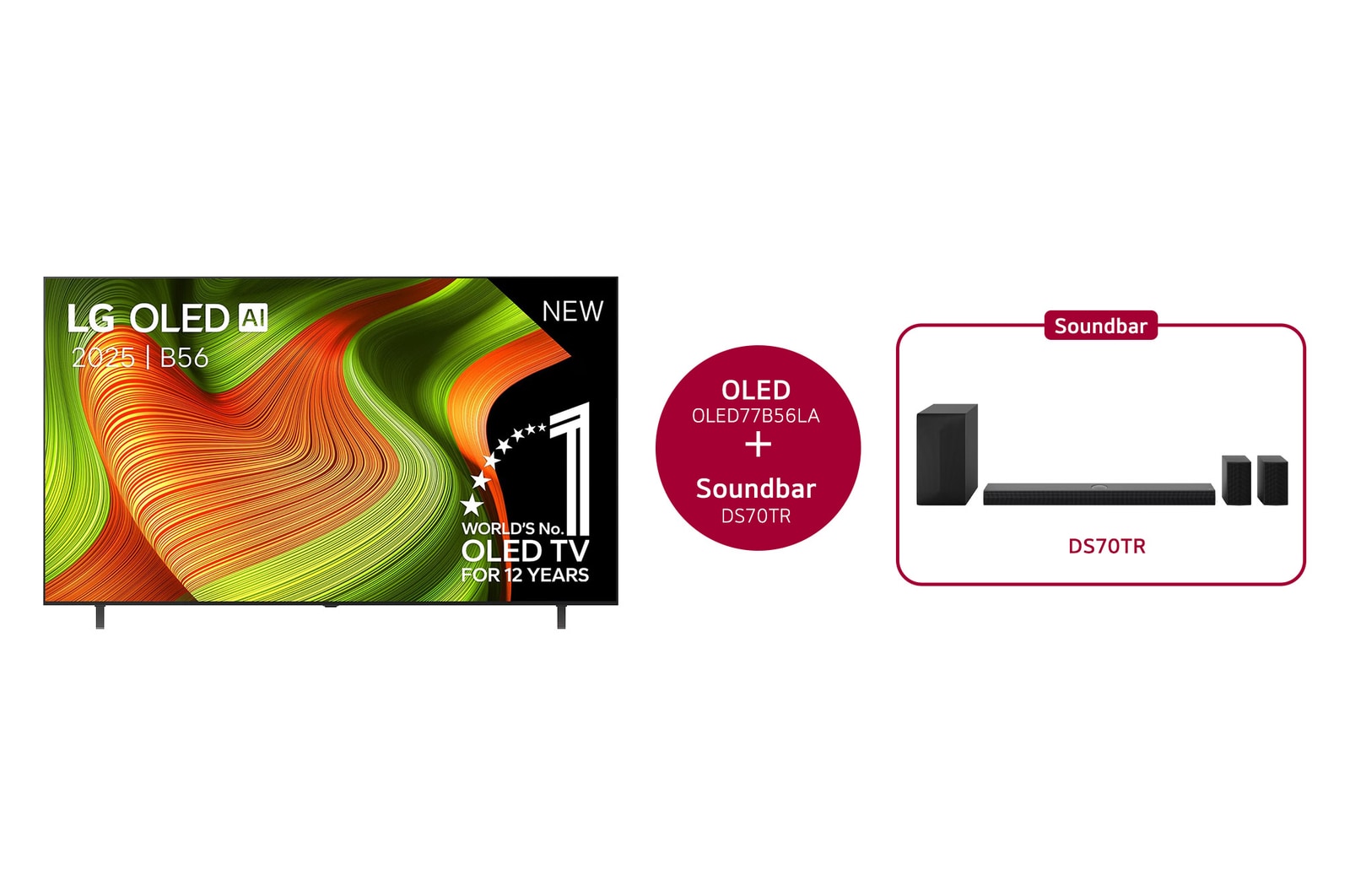 Vooraanzicht van 77 inch LG OLED AI B5 4K Smart TV & DS70TR 5.1.1-kanaals  OLED77B56LA.DS70TR