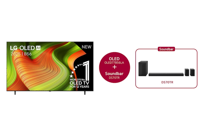 Vooraanzicht van 77 inch LG OLED AI B5 4K Smart TV & DS70TR 5.1.1-kanaals  OLED77B56LA.DS70TR