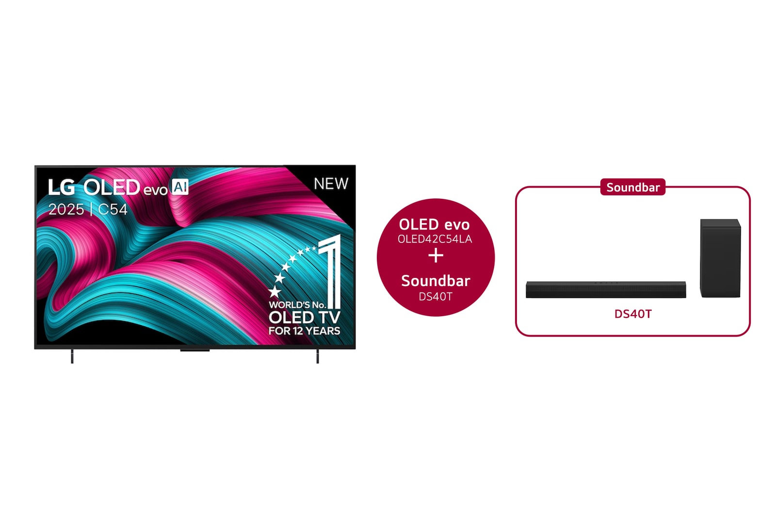 Vooraanzicht van 42 inch LG OLED evo AI C5 4K Smart TV 2025 & DS40T 2.1 kanaal  OLED42C54LA.DS40T