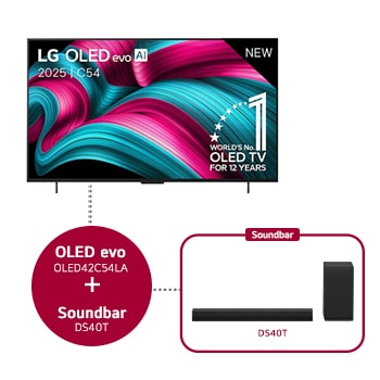 Vooraanzicht van 42 inch LG OLED evo AI C5 4K Smart TV 2025 & DS40T 2.1 kanaal  OLED42C54LA.DS40T