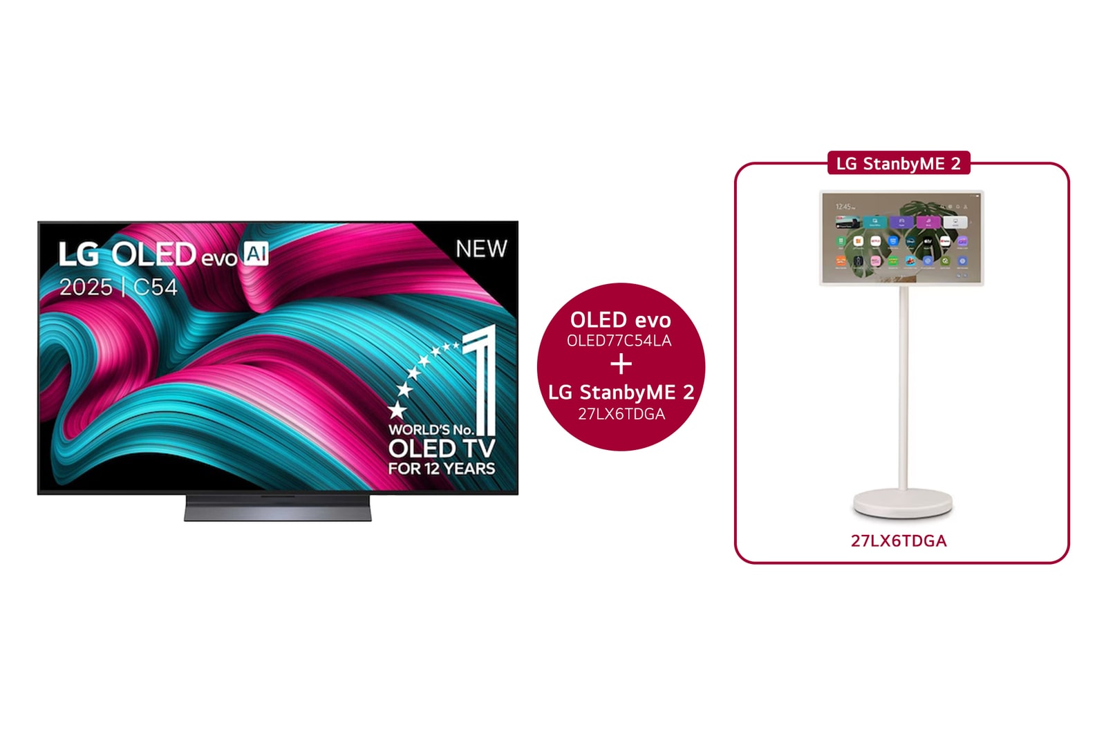 Vooraanzicht van 77 inch LG OLED evo AI C5 4K Smart TV 2025 & 27 inch LG StanbyME 2  OLED77C54LA.27LX6