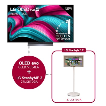 Vooraanzicht van 77 inch LG OLED evo AI C5 4K Smart TV 2025 & 27 inch LG StanbyME 2  OLED77C54LA.27LX6