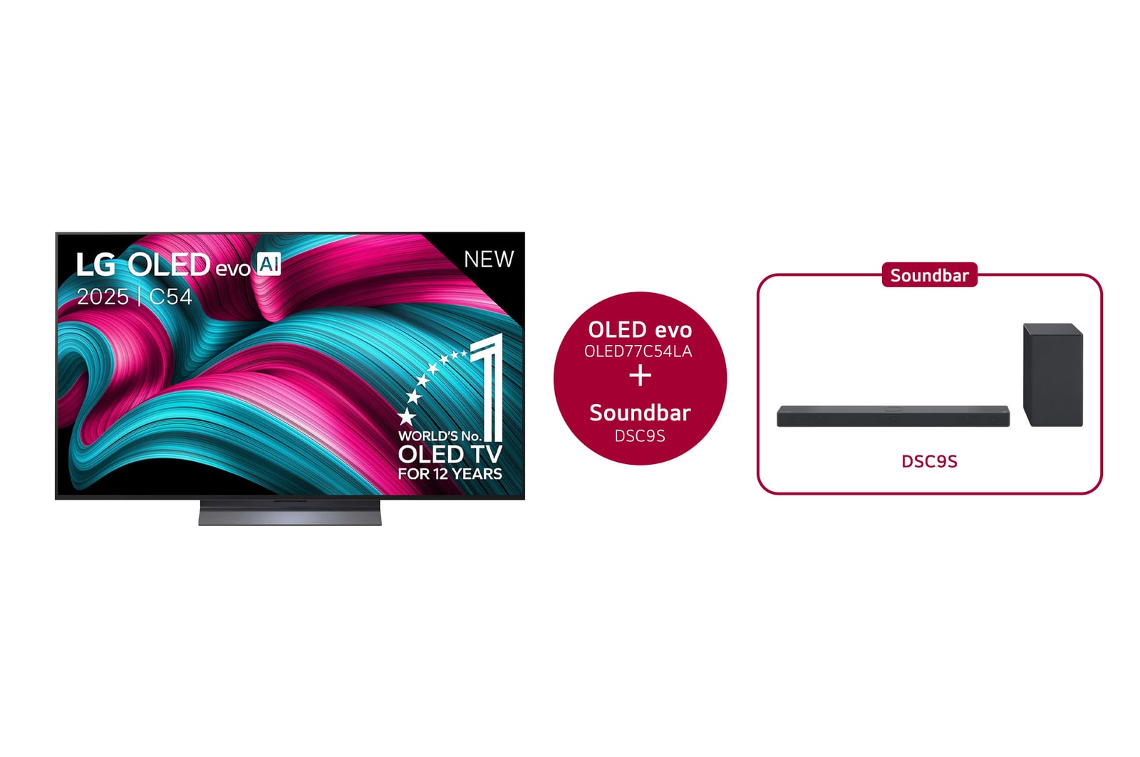 Vooraanzicht van 77 inch LG OLED evo AI C5 4K Smart TV & DSC9S 3.1.3 kanaal  OLED77C54LA.DSC9S