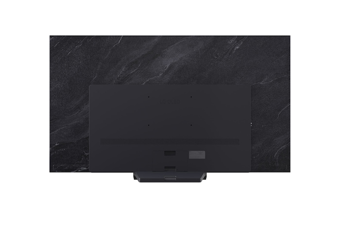 Vooraanzicht en zijaanzicht van LG OLED evo AI C5 4K Smart TV met de lengte-, breedte-, hoogte- en diepteafmetingen.