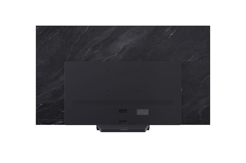 Vooraanzicht en zijaanzicht van LG OLED evo AI C5 4K Smart TV met de lengte-, breedte-, hoogte- en diepteafmetingen.