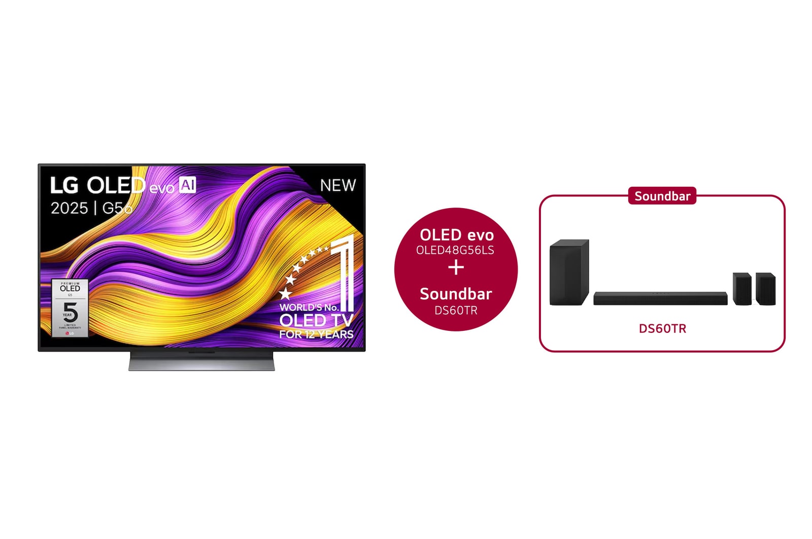 Vooraanzicht van 48 inch LG OLED evo AI G5 4K Smart TV 2025 & DS60TR 5.1-kanaals OLED48G56LS.DS60TR