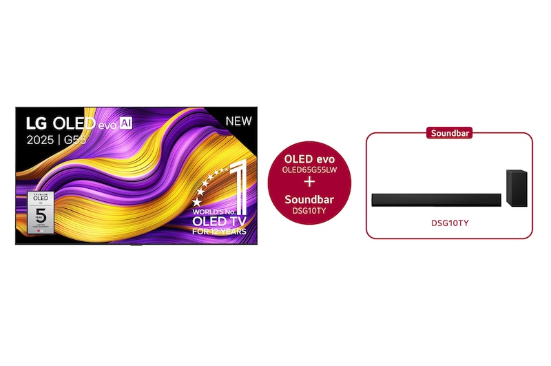 Vooraanzicht van 65 inch LG OLED evo AI G5 4K Smart TV & DSG10TY 3.1 kanaal OLED65G56LS.DSG10TY