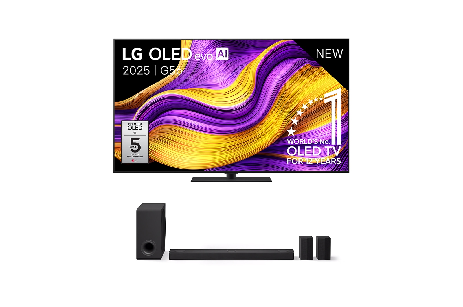 Vooraanzicht van 65 inch LG OLED evo AI G5 4K Smart TV 2025 & DS80TR 5.1.3-kanaals OLED65G56LS.DS80TR