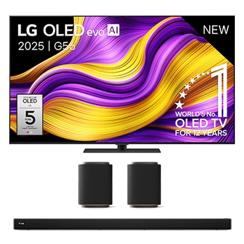 Vooraanzicht van 65 inch LG OLED evo AI G5 4K Smart TV 2025 & LG Sound Suite H7 & LG Sound Suite M5 OLED65G56LS.H7M5M5001