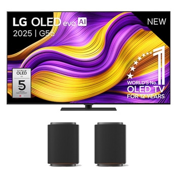 Vooraanzicht van LG OLED evo AI G5 4K Smart TV. 12 jaar nummer 1 OLED-embleem ter wereld en het LG OLED evo AI 2025-logo staan ​​op het scherm.