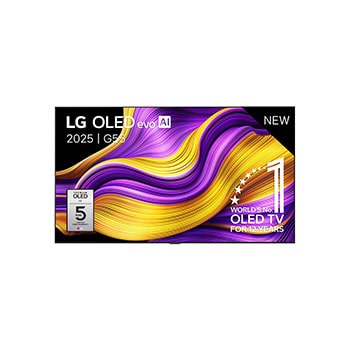 Vooraanzicht van LG OLED evo AI G5 4K Smart TV. 12 jaar nummer 1 OLED-embleem ter wereld en het LG OLED evo AI 2025-logo staan op het scherm.
