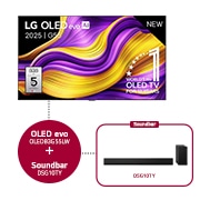 Vooraanzicht van 83 inch LG OLED evo AI G5 4K Smart TV & DSG10TY 3.1 kanaal OLED83G55LW.DSG10TY