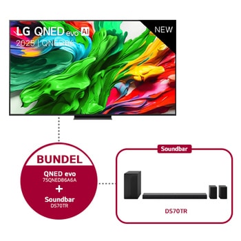 Front view of LG QNED evo TV, LG QNED evo Al Logo on the top corner. LG QNED evo TV depicts colorful paintike textures coming together.