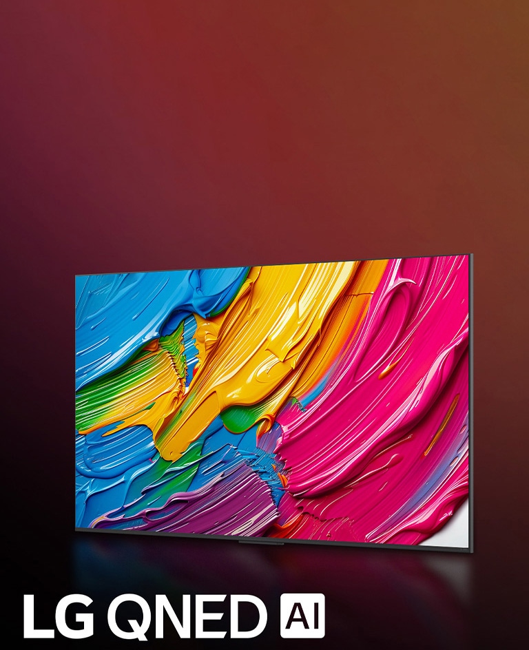 LG QNED TV tegen een kleurrijke donkere achtergrond. Op het scherm staat een helder en kleurrijk kunstwerk dat de kleurentechnologie van QNED laat zien en het vermogen om een breed spectrum aan tinten met een geweldig contrast weer te geven. Het LG QNED AI-logo is zichtbaar. De titel luidt: Elke kleur opnieuw gedefinieerd met dynamische QNED-kleur.