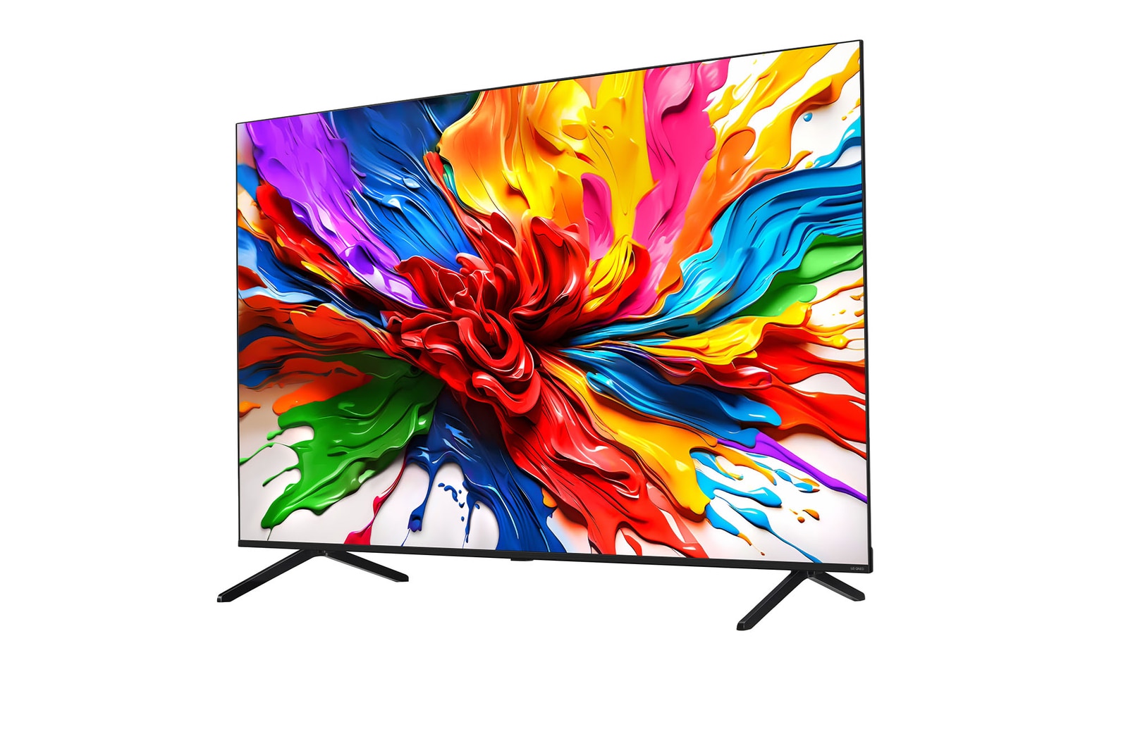 Vooraanzicht en zijaanzicht van LG QNED evo AI QNED92 4K Smart TV die de lengte-, breedte-, hoogte- en diepteafmetingen weergeven.