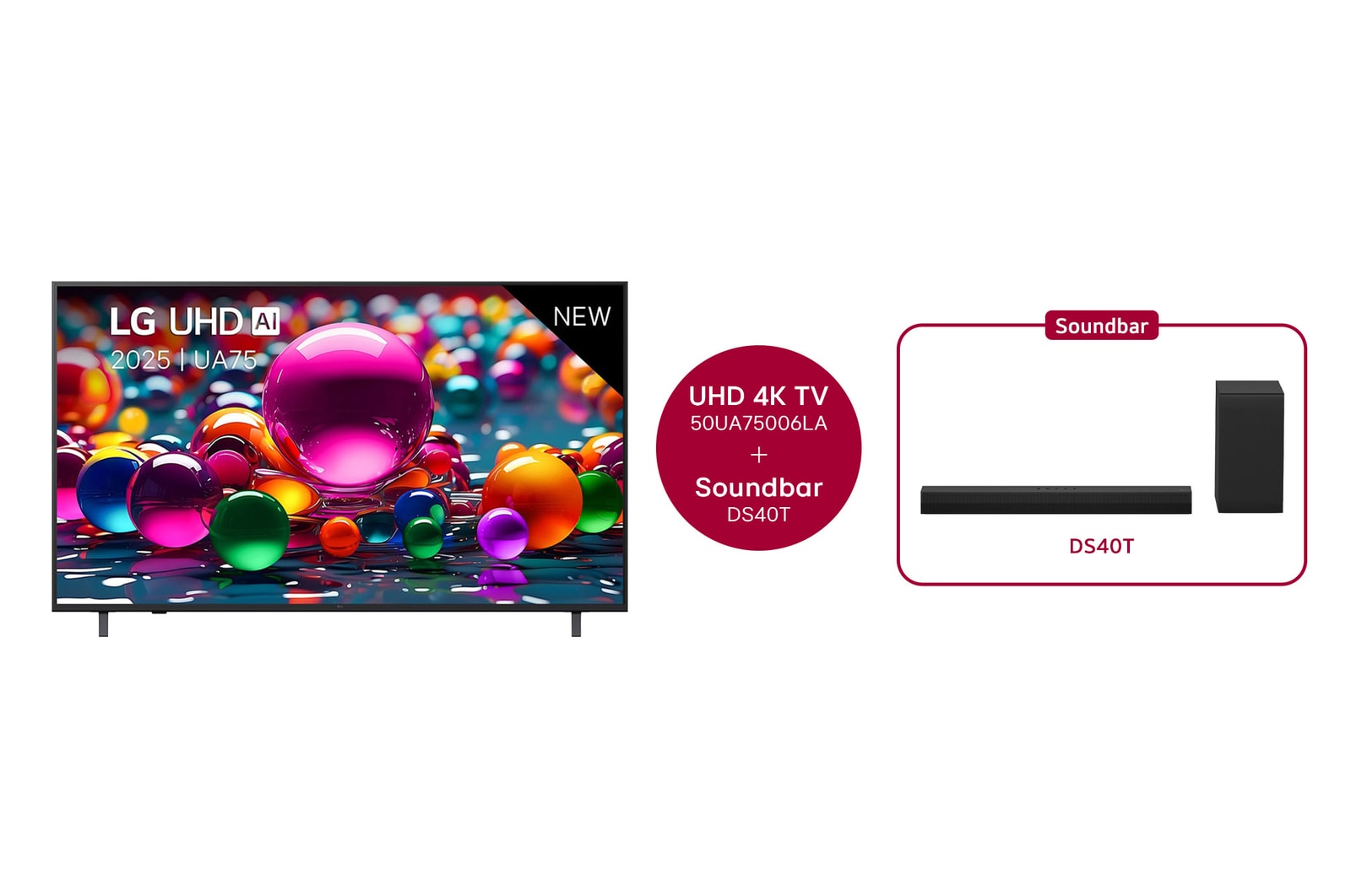 Vooraanzicht van 50 inch LG UHD AI UA75 4K Smart TV 2025 & DS40T 2.1 kanaal 50UA75006LA.DS40T