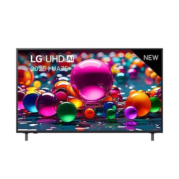 Front view of UHD UA75 TV, LG UHD Al Logo on the top corner. LG UHD TV depicts colorful paintike textures coming together.