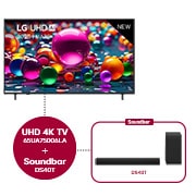 Vooraanzicht van 65 inch LG UHD AI UA75 4k Smart TV 2025 & DS40T 2.1 kanaal 65UA75006LA.DS40T