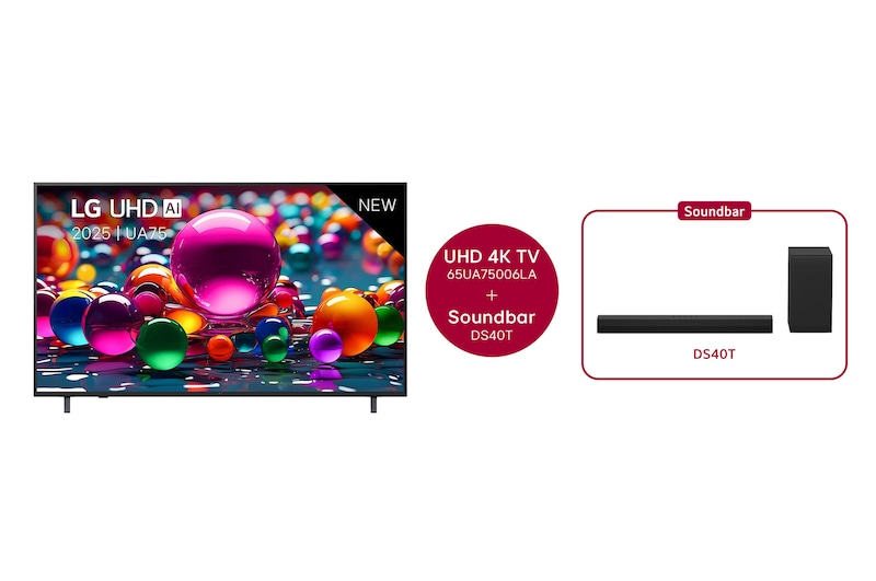 Vooraanzicht van 65 inch LG UHD AI UA75 4k Smart TV 2025 & DS40T 2.1 kanaal 65UA75006LA.DS40T
