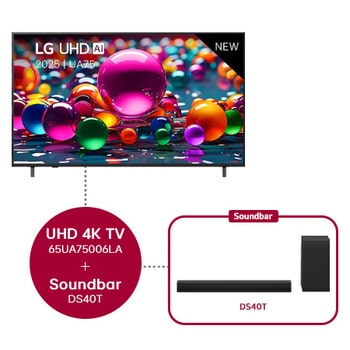 Front view of UHD UA75 TV, LG UHD Al Logo on the top corner. LG UHD TV depicts colorful paintike textures coming together.