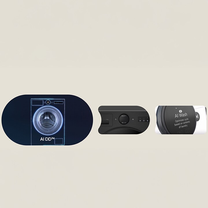 Van links naar rechts worden drie video's afgespeeld met de functies AI DD™, Microplastic Care en Easy Control.