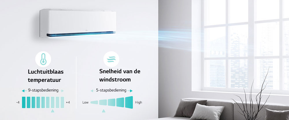 Stel nauwkeurig in: windtemperatuur in 9 niveaus en luchtstroomsnelheid in 5 niveaus.