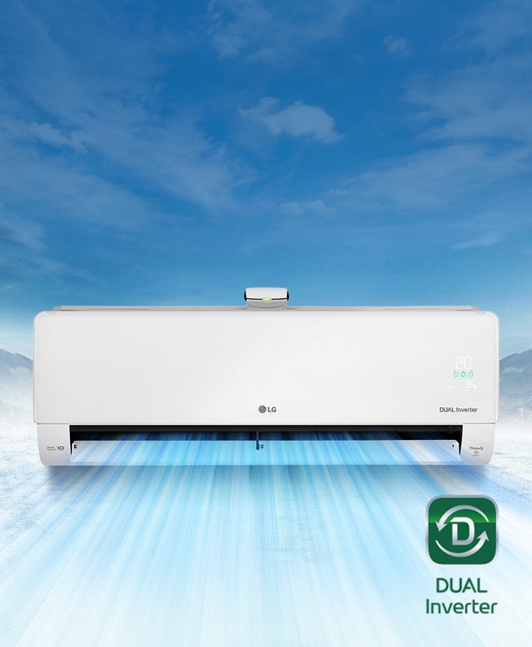 Een vrouw strekt zich uit op de vloer. Op de achtergrond is de airconditioner en blauwe lucht stroomt over de vrouw en de kamer. Het DUAL Inverter-logo staat in de rechter benedenhoek.
