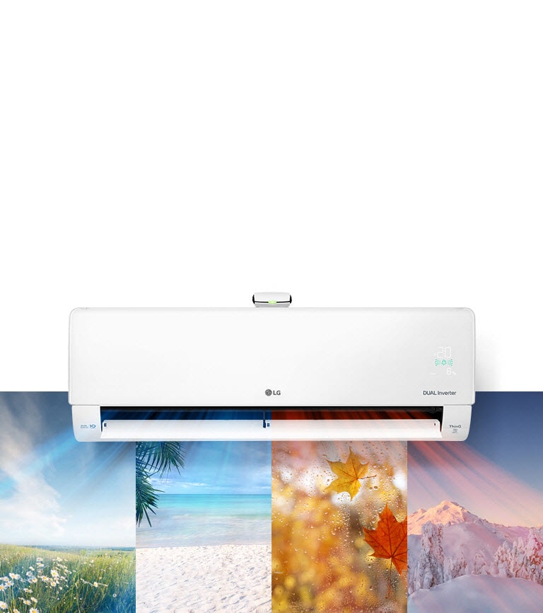 Vier beelden die de vier seizoenen van het jaar voorstellen zijn samengevoegd als een foto aan de muur met de LG-airconditioner die koele lucht uitblaast over elk seizoensbeeld.