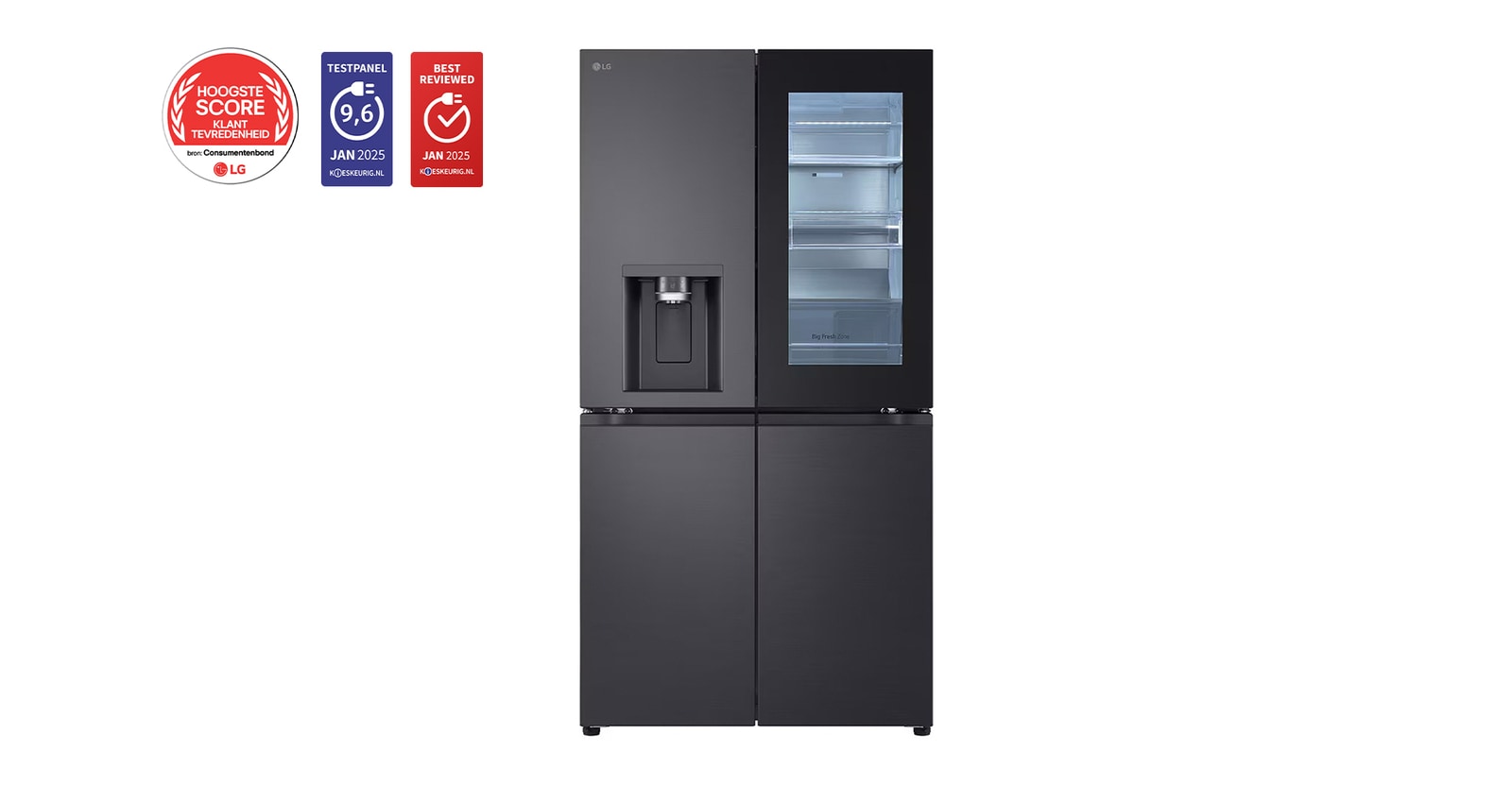 Vooraanzicht van 638L Amerikaanse koelkast Zwart | InstaView™ | DoorCooling+™ | Craft Ice™| LG NL GMG960EVEE