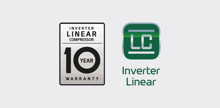 Logo van de Inverter Linear Compressor en de garantie van 10 jaar.
