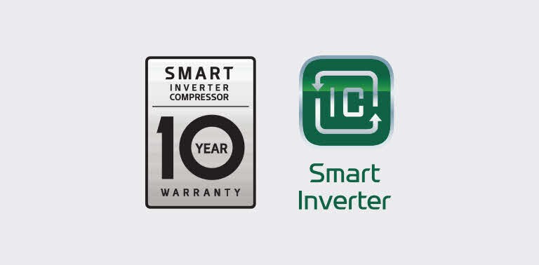Naast het Smart Inverter-logo staat het logo van 10 jaar garantie op de Smart Inverter Compressor.