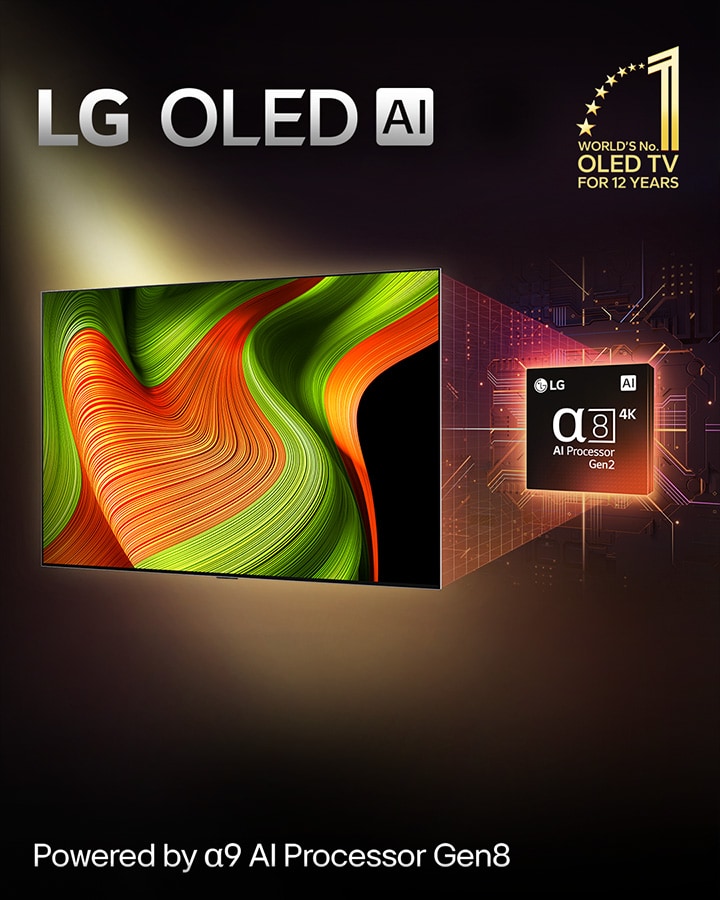 Op het scherm van een LG OLED  AI TV is een abstracte afbeelding met indrukwekkend detail, kleur en contrast. Een uitvergrote versie van de alpha 8 AI Processor Gen2 staat achter de tv. Deze gloeit met licht, dat de microchipcircuits eromheen oplicht. De titel is LG OLED  AI. De tekst die wordt weergegeven is powered by LG alpha 8 AI processor Gen2 (aangedreven door de LG alpha 8 AI processor Gen2). Er verschijnt een gouden logo met sterren in de hoek met de tekst world's number one OLED TV for 12 years (‘s werelds beste OLED TV voor 12 jaar. 