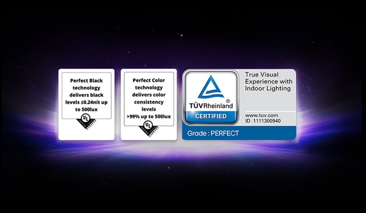 Logo's met UL-verificatie en TÜV-certificering worden weergegeven voor de weergavefuncties Perfect zwart en Perfecte kleuren.