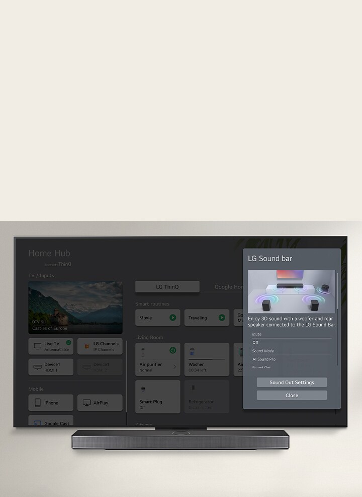 LG Soundbar staat onder een LG OLED TV. Op het TV-scherm staat de gebruikersinterface voor de soundbar en de volumeregeling van de tv. 