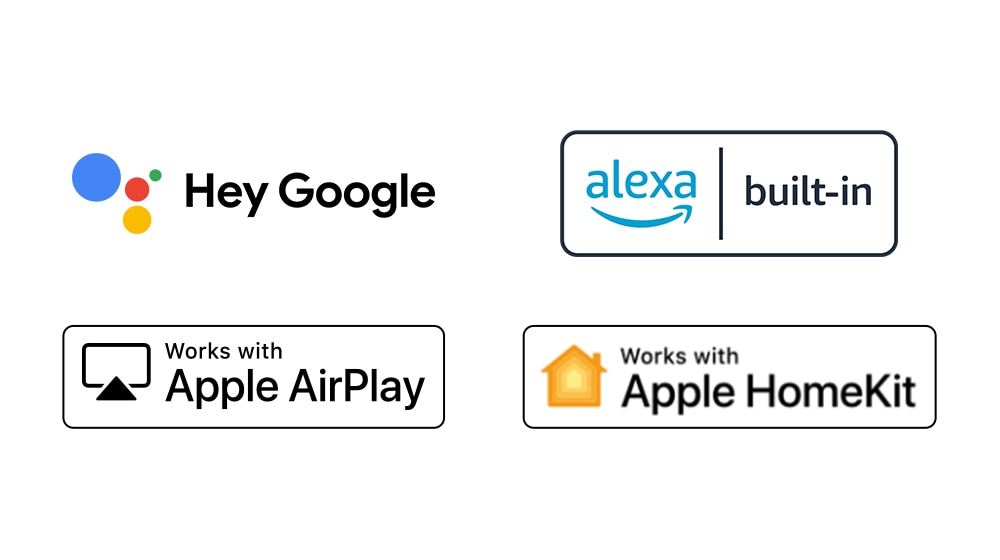 Er zijn vier logo's in volgorde verplaatst: Hey Google, Alexa ingebouwd, Werkt met Apple AirPlay, Werkt met Apple HomeKit.