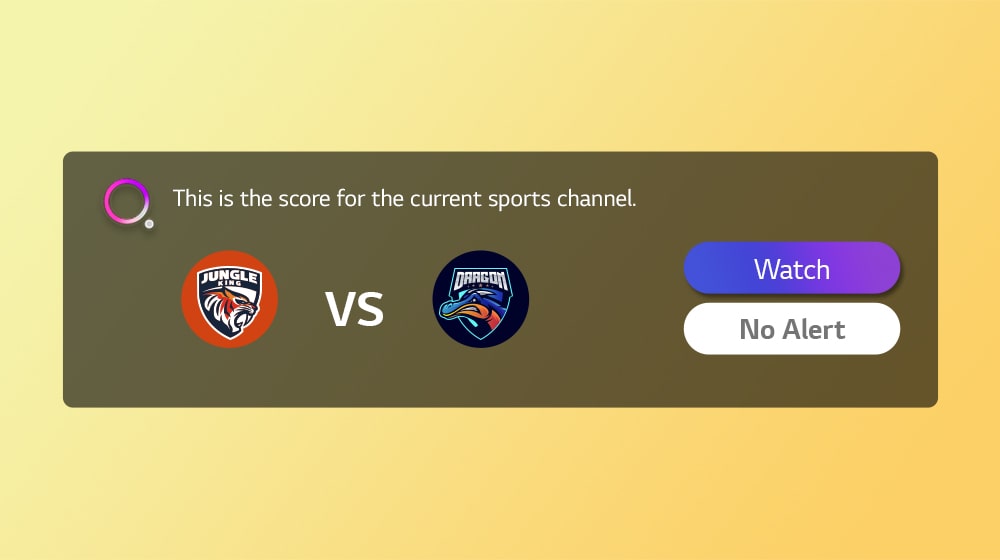 Er is een grafische gebruikersinterface van Sports Alert met twee sportteamlogo's (Jungle King en Dragon) en de twee knoppen aan de rechterkant met de tekst "Watch" en "No Alert". De slogan zegt: "Dit is de score voor de huidige sportzender".