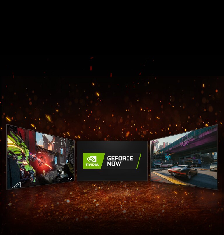 Er worden drie tv's weergegeven. In het midden toont het scherm twee diagonaal geplaatste logo's: het logo van NVIDIA GeFORCE NOW en het logo van STADIA. Links de tv-shows Splitgate en rechts de tv-shows Cyberpunk 2077.