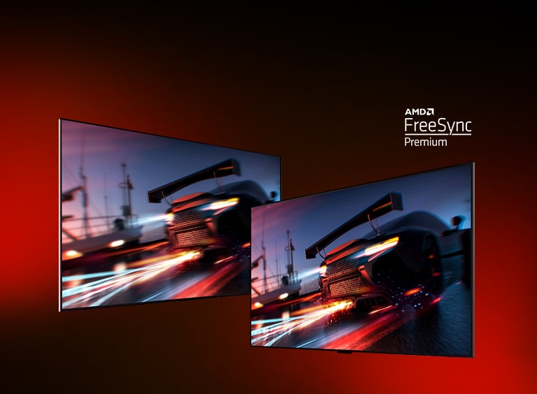 Er zijn twee tv's - links is een racespel. Rechts is ook dezelfde spelscène te zien, maar dan in een helderder en duidelijker beeldweergave. In de rechterbovenhoek staat het AMD FreeSync premium-logo.