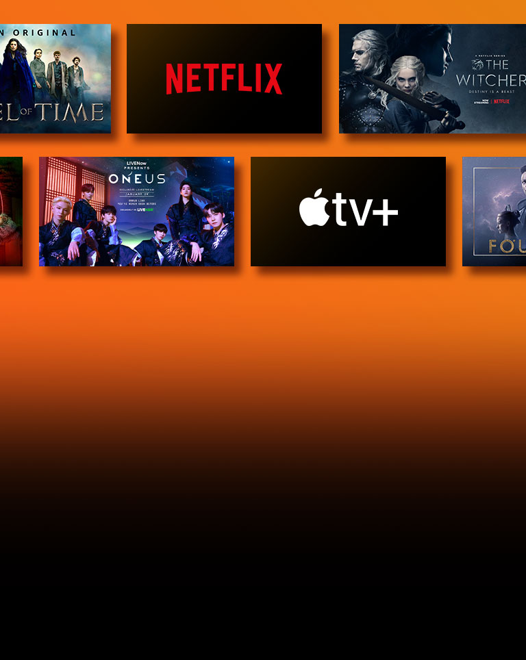 "Naast elk logo staan logo's van platforms voor streamingdiensten en bijpassende beelden. Netflix-logo en Money Heist en The Witcher. Disney-logo en Boba Fett. Stadia-logo en Journey to the Savage Planet en The Legend of Heroes: Trails of Cold Steel III. Prime video-logo en beelden van Without Remorse en The Wheel of Time. Livenow-logo en beeld van Mamamoo-teaser. NVIDIA Geforce Now-logo en gameplay van Cyberpunk 2077 en Splitgate. APPLE TV plus-logo en Foundation en Finch. "